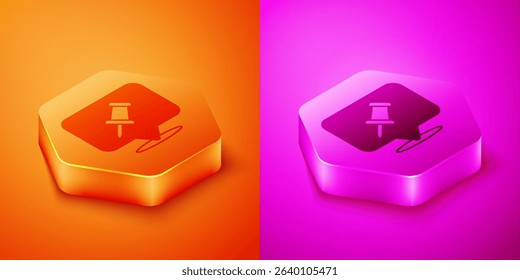 Isometric Push pin icon isolated on orange and pink background. Thumbtacks sign. Hexagon button. Vector