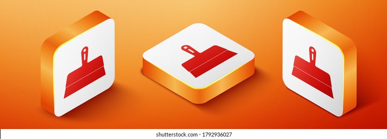 Isometric Putty knife icon isolated on orange background. Spatula repair tool. Spackling or paint instruments. Orange square button. Vector