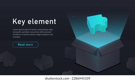 Isometric puzzle in box. Key element in mystery box. Business decision metaphor. Teamwork, partnership, collaboration and cooperation. Landing page design. Cartoon vector illustration
