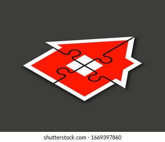 Presentación de la casa de rompecabezas isométrica. Isometry Home rompe con un banner de kit de cuatro piezas. Plantilla informativa del vector