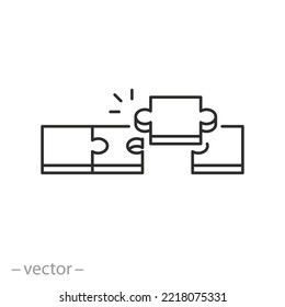 isometric puzzle icon, jigsaw solution idea, teamwork elements, thin line symbol on white background - editable stroke vector illustration eps10