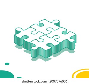 Isometric Puzzle on White Background. Four Puzzle Pieces. Outline Teamwork or Cooperation Concept. Vector Illustration.