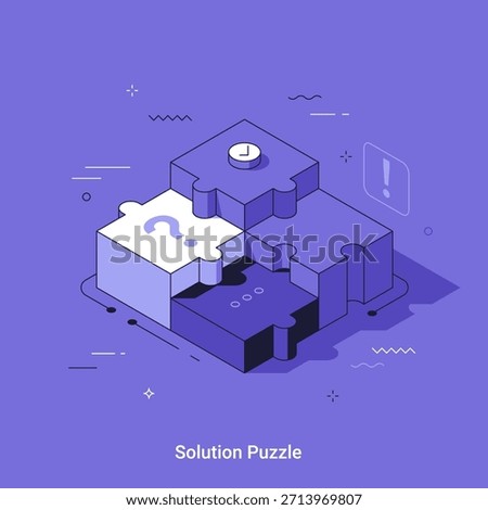 Isometric puzzle pieces representing problem solving and business development. Finding solution for challenge or question. Thin line isometric vector illustration.