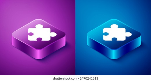 Isometric Puzzle pieces toy icon isolated on blue and purple background. Square button. Vector