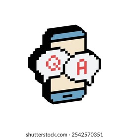 isometric qa q a icon with smartphone 8 bit, pixel art faq sign ask answer icon icon for game logo.