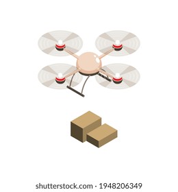 Cuadcopter isométrico y cajas de cartón aisladas en ilustraciones vectoriales de fondo blanco