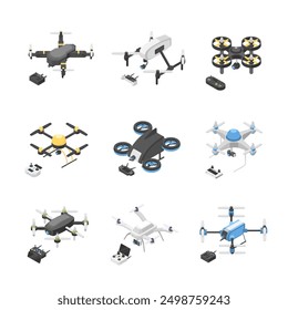 Isometric quadcopter. Drones with joysticks and remote controllers for video cctv top view photo. Flying drones, digital modern techniques, flawless vector set