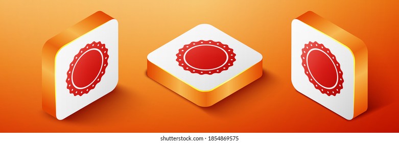 Icono de emblema de calidad isométrica aislado en el fondo naranja. Botón cuadrado naranja. Vector.