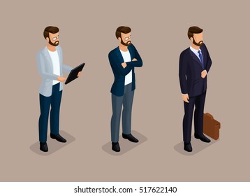 Isometric quality people with the study of details. Set business hipsters hairstyle, beard, mustache. Stylish modern young businessman. Vector illustration.