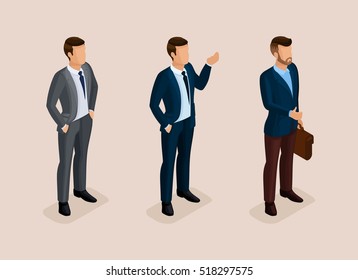 Isometric quality people with the study of details. Set business hipsters hairstyle, beard, mustache. Style modern businessman commits acts. Vector illustration