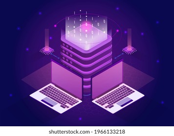 Isometric quantum computing or supercomputing. Blockchain server, quantum computer, server room, database, information storage and processing. Flat abstract metaphor cartoon vector concept design