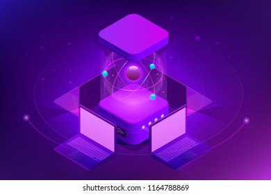 Isometric Quantum computing or Supercomputing. A quantum computer is a device that performs quantum computing. Vector illustration