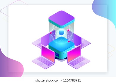 Isometric Quantum computing or Supercomputing. A quantum computer is a device that performs quantum computing. Vector illustration