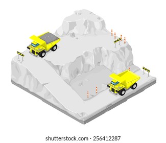 Isometric quarry construction site with industrial Trucks. Isometric quarry construction site. Trucks transporting stone from quarry.