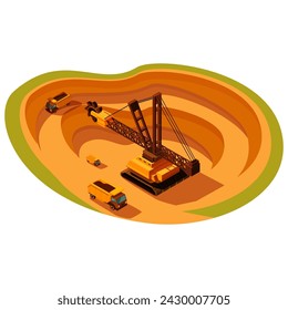 isometric quarry with huge excavator and machines, vector illustration