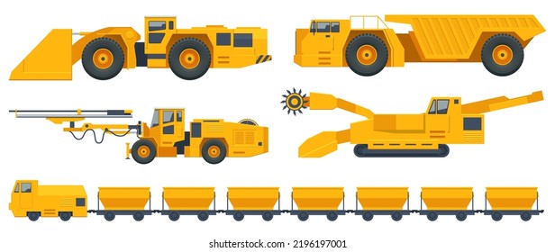 Isometric Quarry Mining Machines, Side View Mining Cart, Underground, Railway Wagon, Tunneling Drilling Rig, Underground Mining Truck and Self-Propelled Drilling Rig