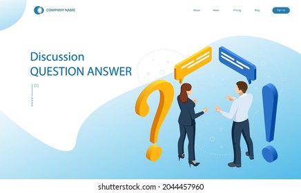 Isometric question and answer concept. Discussion man and women. Communication concept.