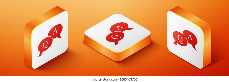 Isometric Question and Answer mark in speech bubble icon isolated on orange background. Q and A symbol. FAQ sign. Copy files, chat speech bubble. Orange square button. Vector.