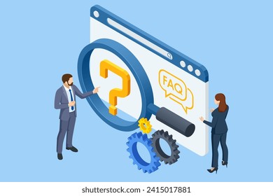 Isometric Question Marks, Message box with question, Chatbot technology, AI chat bot based on artificial intelligence. Woman and Man Ask Questions and receive Answers.