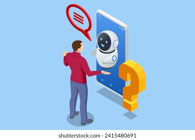 Isometric Question Marks, Message box with question, Chatbot technology, AI chat bot based on artificial intelligence. Man Ask Questions and receive Answers.