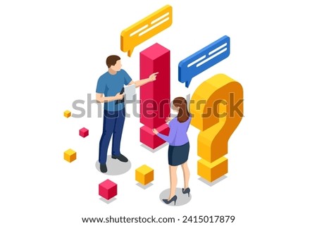 Isometric Question Marks, Message box with question, Chatbot technology, AI chat bot based on artificial intelligence. Woman and Man Ask Questions and receive Answers.