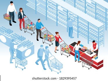 Isometric queue background with customers standing in line at supermarket 3d vector illustration