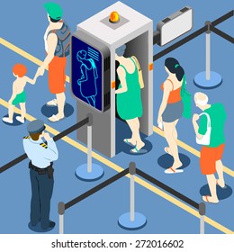 Isometric Queue at Security Checkpoint - Body Scan Machine - Airport Check In. 