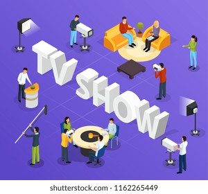 Isometric quiz tv show composition with cumbersome text and human characters of television workers and guests vector illustration