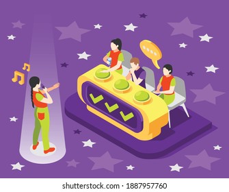 Isometric quiz tv show composition with singing woman in front of judge seats with show buttons vector illustration