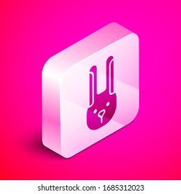 Isometric Rabbit with ears icon isolated on pink background. Magic trick. Mystery entertainment concept. Silver square button. Vector Illustration