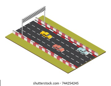 Isometric Race Track Road With Car Finish.