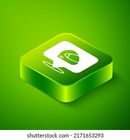 Isometric Racing helmet icon isolated on green background. Extreme sport. Sport equipment. Green square button. Vector