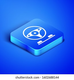 Isometric Racing simulator cockpit icon isolated on blue background. Gaming accessory. Gadget for driving simulation game. Blue square button. Vector Illustration