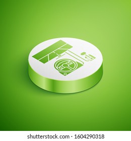 Isometric Racing simulator cockpit icon isolated on green background. Gaming accessory. Gadget for driving simulation game. White circle button. Vector Illustration