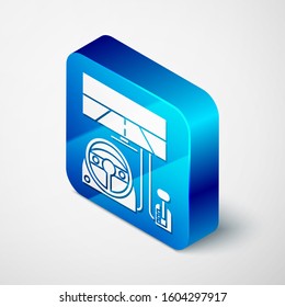 Isometric Racing simulator cockpit icon isolated on white background. Gaming accessory. Gadget for driving simulation game. Blue square button. Vector Illustration