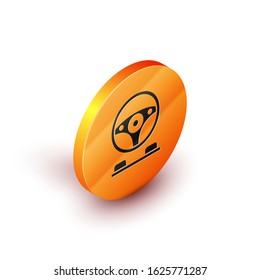 Isometric Racing simulator cockpit icon isolated on white background. Gaming accessory. Gadget for driving simulation game. Orange circle button. Vector Illustration