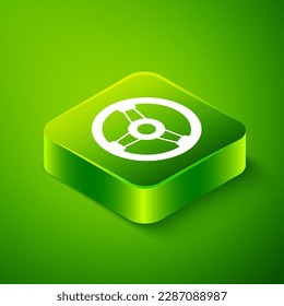 Isometric Racing simulator cockpit icono aislado sobre fondo verde. Accesorio para juegos. Gadget para el juego de simulación de conducción. Botón cuadrado verde. Vector