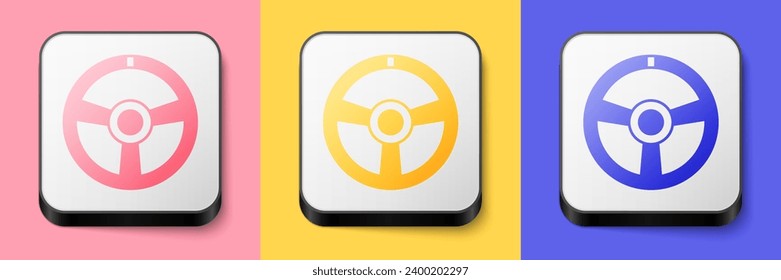Icono del volante de velocidad isométrica aislado en fondo rosa, amarillo y azul. Icono de rueda del coche. Botón cuadrado. Vector