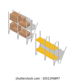 Isometric rack with boxes used in transportation and warehouses. The boxes are on the shelves. 3d isolated vector illustration on white background