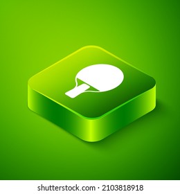 Isometric Racket for playing table tennis icon isolated on green background. Green square button. Vector