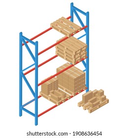 Isometric racks with pallet and box. Vector warehouse shelving. Isolated on white background. Logistic and delivery service element for web and infographics.
