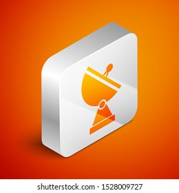 Isometric Radar icon isolated on orange background. Military search system. Silver square button. Vector Illustration