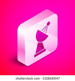 Isometric Radar icon isolated on pink background. Search system. Satellite sign. Silver square button. Vector Illustration
