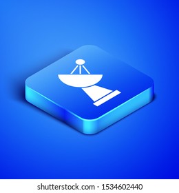 Isometric Radar icon isolated on blue background. Search system. Satellite sign. Blue square button. Vector Illustration