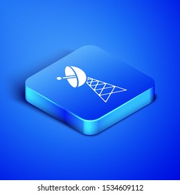 Isometric Radar icon isolated on blue background. Military search system. Blue square button. Vector Illustration