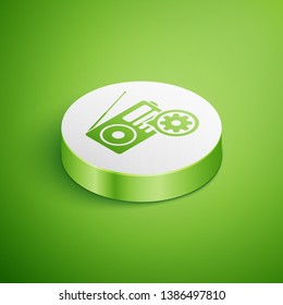 Isometric Radio with antenna and gear icon isolated on green background. Adjusting app, service concept, setting options, maintenance, repair, fixing. White circle button. Vector Illustration