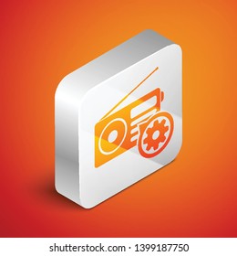 Isometric Radio with antenna and gear icon isolated on orange background. Adjusting app, service concept, setting options, maintenance, repair, fixing. Silver square button. Vector Illustration