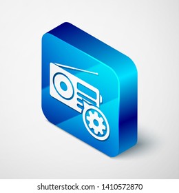 Isometric Radio with antenna and gear icon isolated on white background. Adjusting app, service concept, setting options, maintenance, repair, fixing. Blue square button. Vector Illustration