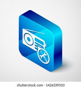 Isometric Radio with screwdriver and wrench icon isolated on white background. Adjusting, service, setting, maintenance, repair, fixing. Blue square button. Vector Illustration