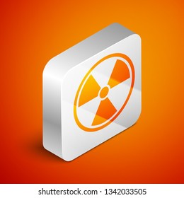Isometric Radioactive icon isolated on orange background. Radioactive toxic symbol. Radiation Hazard sign. Silver square button. Vector Illustration